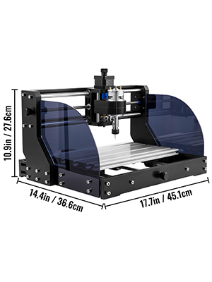 black VEVOR cnc laser engraver with dimensions labeled, featuring protective blue panels.