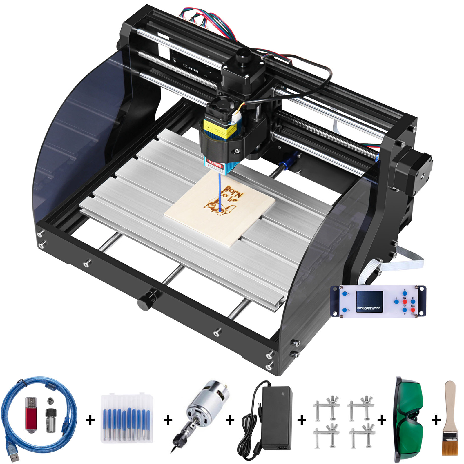 VEVOR cnc laser engraver with accessories, carving on wooden board.