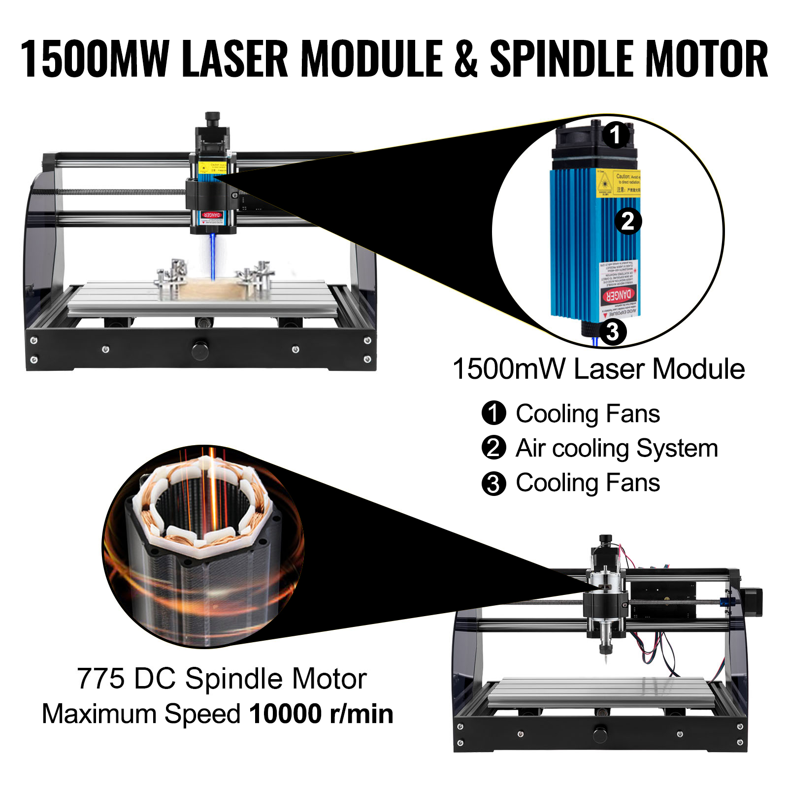 VEVOR cnc laser engraver with 1500mw laser module and 775 dc spindle motor at 10000 rpm.