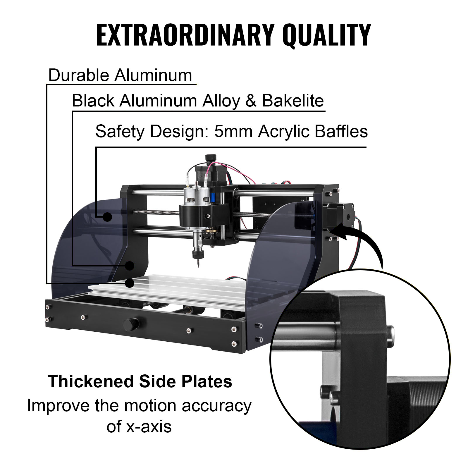 VEVOR cnc laser engraver with aluminum frame, acrylic baffles, and thickened side plates.