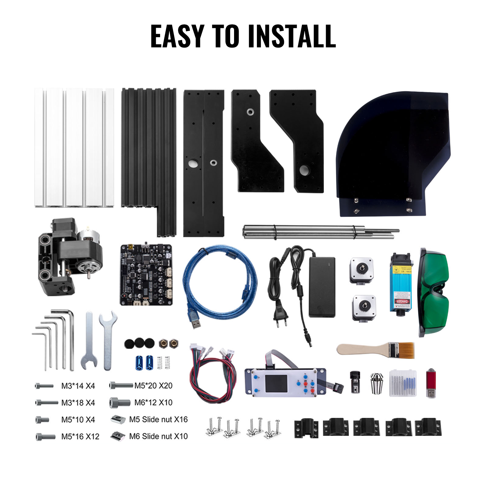 VEVOR cnc laser engraver components with assembly tools and accessories laid out.