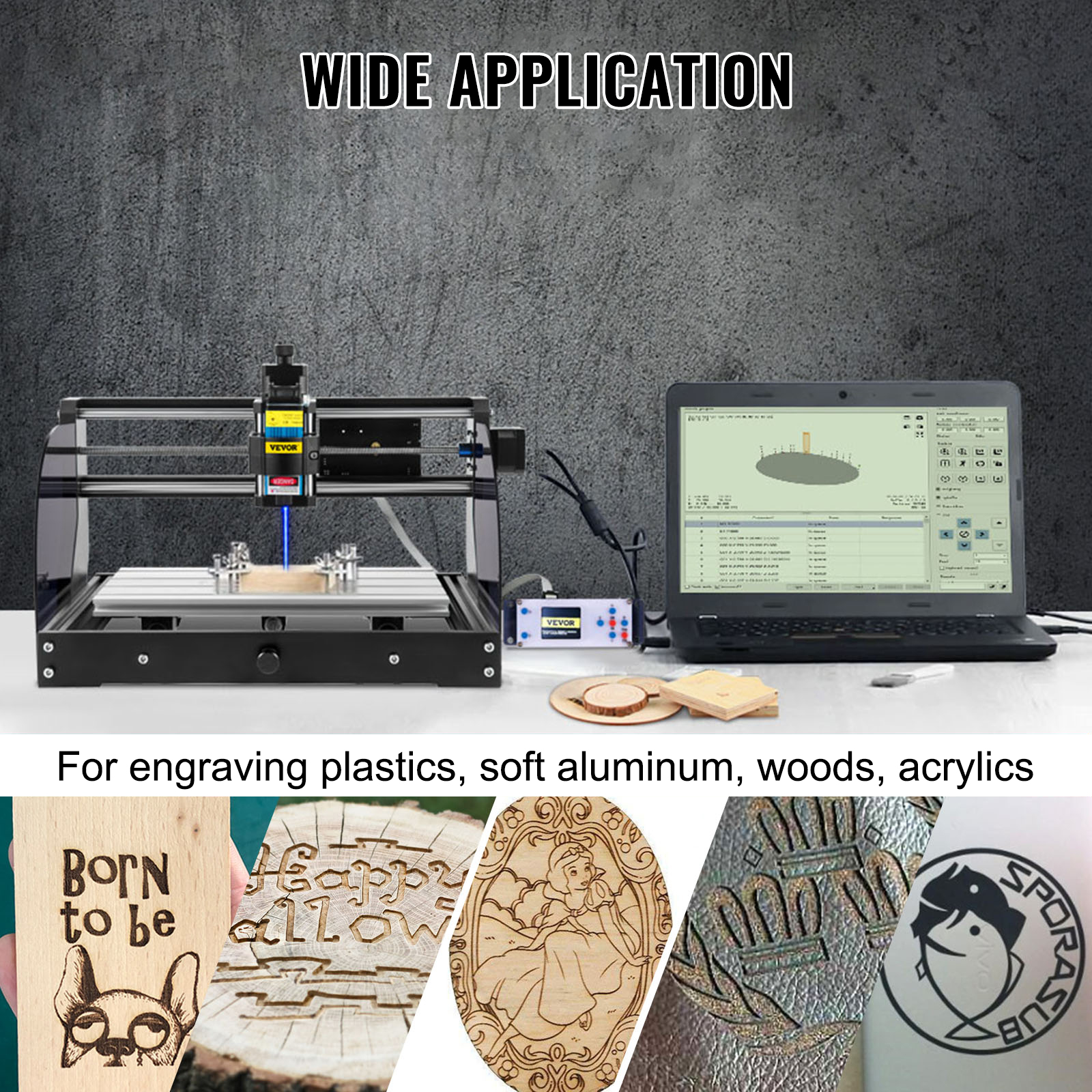 VEVOR cnc laser engraver for plastics, aluminum, woods, and acrylics, shown with samples.