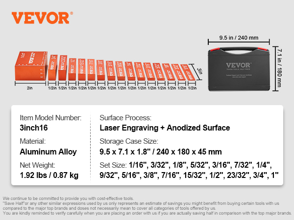 VEVOR woodworking tools, red aluminum alloy blocks with dimensions, and black storage case with specs.