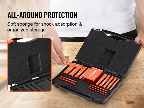 woodworking setup with VEVOR woodworking tools in a protective case with soft sponge for shock absorption.
