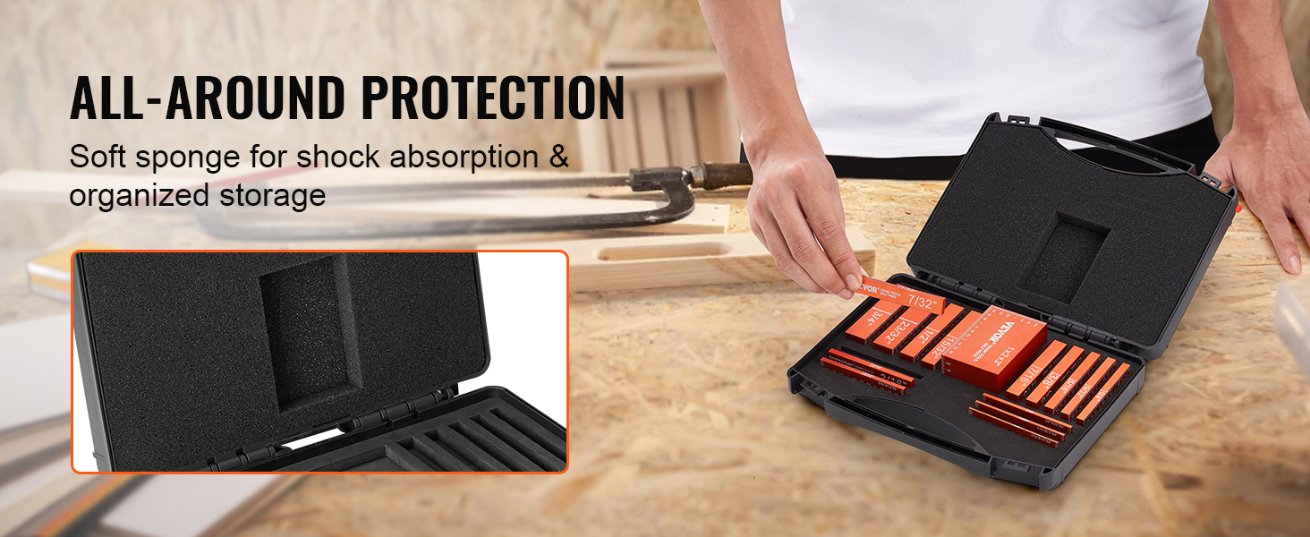 woodworking setup with VEVOR woodworking tools in a protective case with soft sponge for shock absorption.
