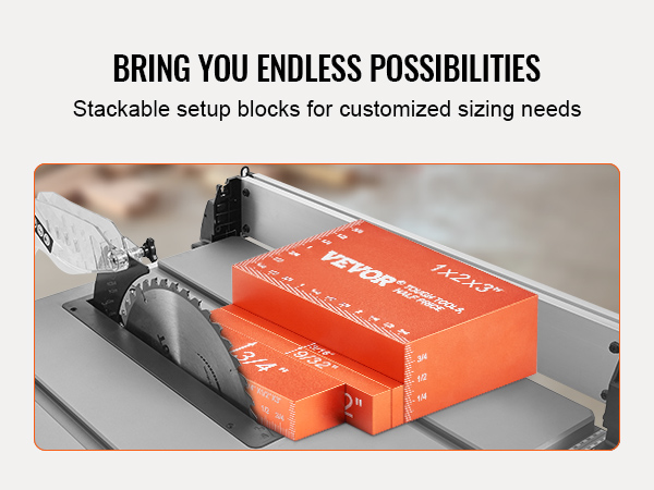 VEVOR stackable setup blocks on a table saw for customized sizing needs.
