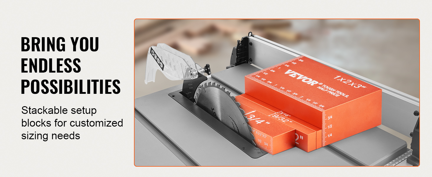VEVOR stackable setup blocks on a table saw for customized sizing needs.