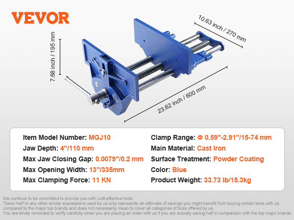 VEVOR woodworking vise mgj10 with cast iron and blue powder coating, dimensions, and specs on the side.