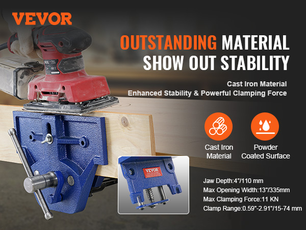 VEVOR woodworking vise: cast iron material, enhanced stability, powerful clamping force, large jaw depth.
