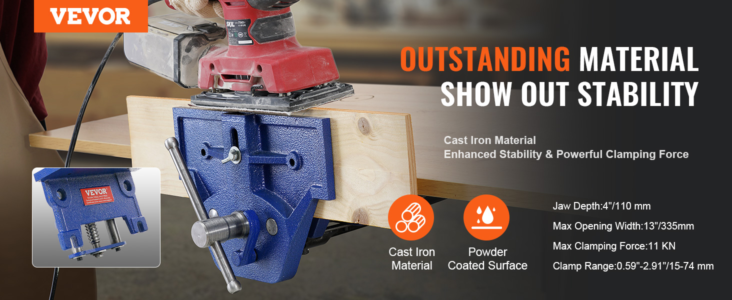 VEVOR woodworking vise: cast iron material, enhanced stability, powerful clamping force, large jaw depth.