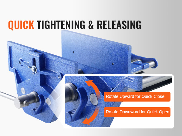 VEVOR woodworking vise in blue, designed for quick tightening and releasing with rotating handle.