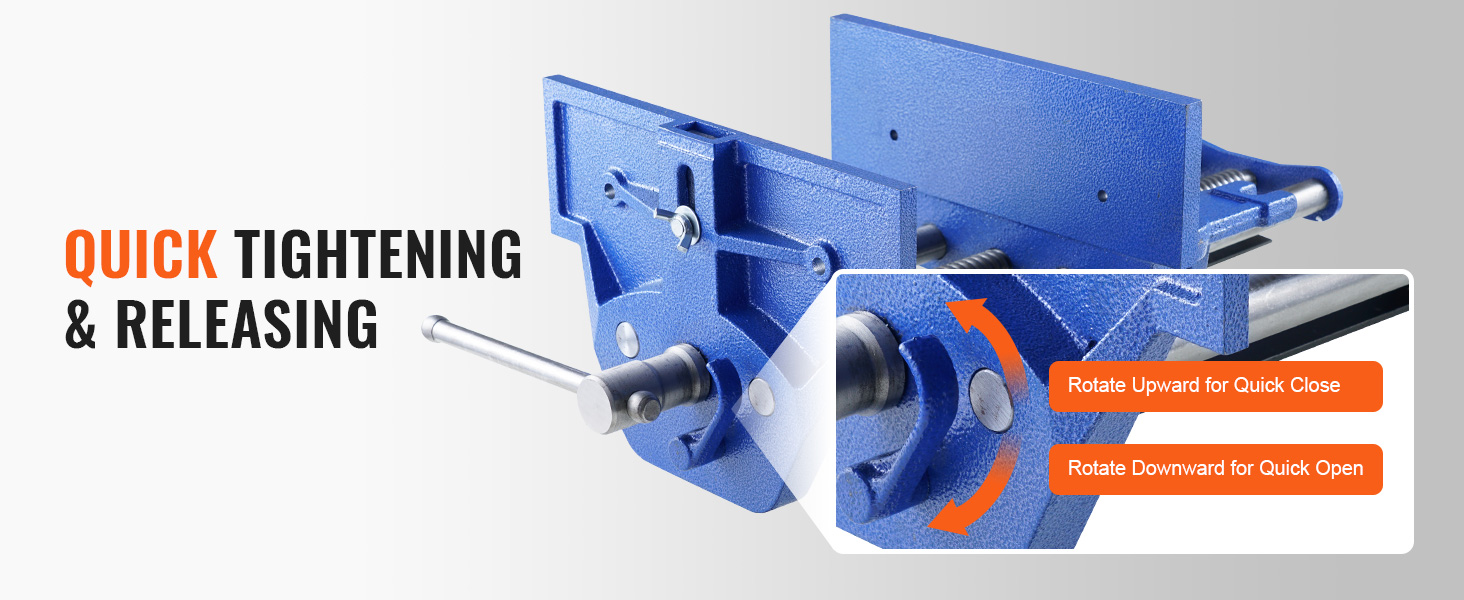 VEVOR woodworking vise in blue, designed for quick tightening and releasing with rotating handle.
