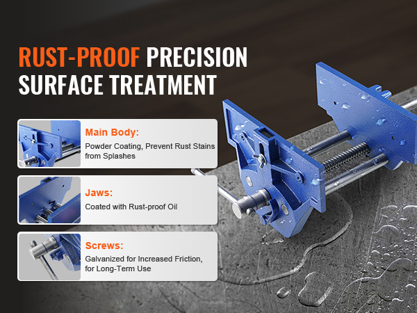 VEVOR woodworking vise with rust-proof coating, oil-coated jaws, and galvanized screws for durability.