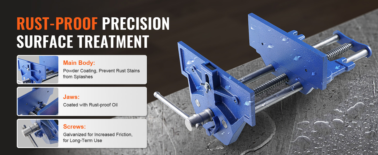 VEVOR woodworking vise with rust-proof coating, oil-coated jaws, and galvanized screws for durability.