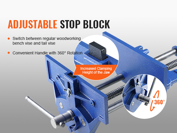 VEVOR woodworking vise, adjustable stop block, 360° rotating handle, increased clamping height.