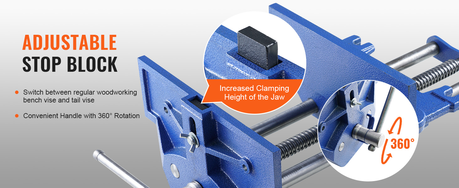 VEVOR woodworking vise, adjustable stop block, 360° rotating handle, increased clamping height.