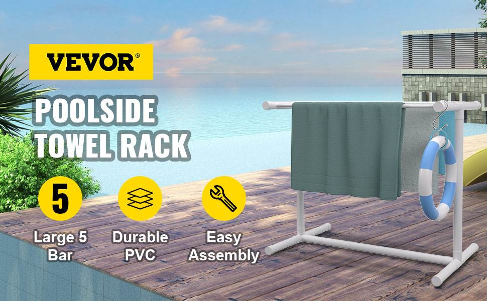 VEVOR pool towel rack with five bars, durable pvc, and easy assembly by the poolside.
