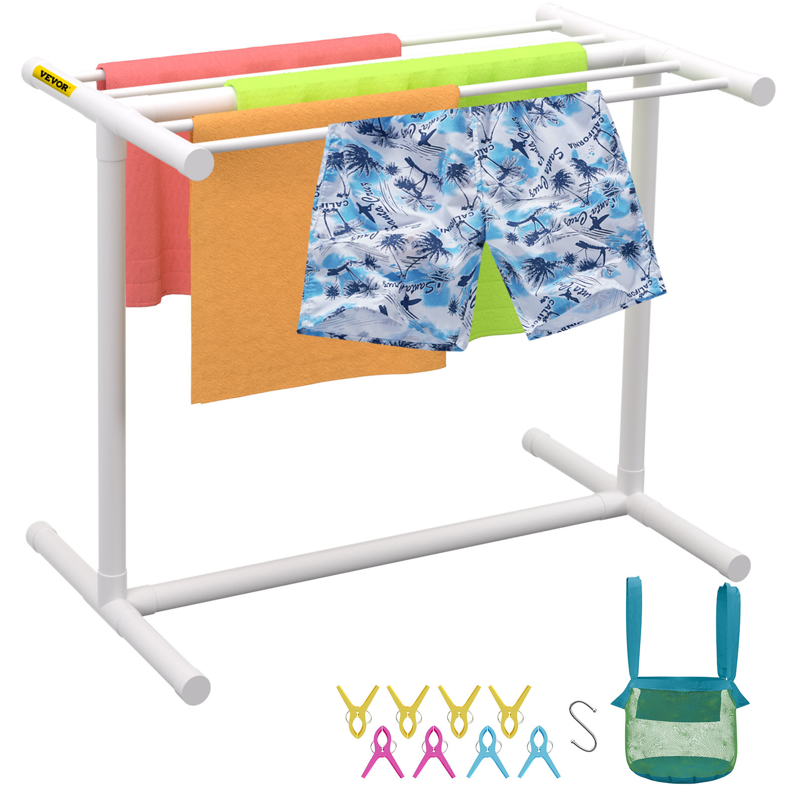 VEVOR pool towel rack with colorful towels, swim shorts, clips, and storage bag.