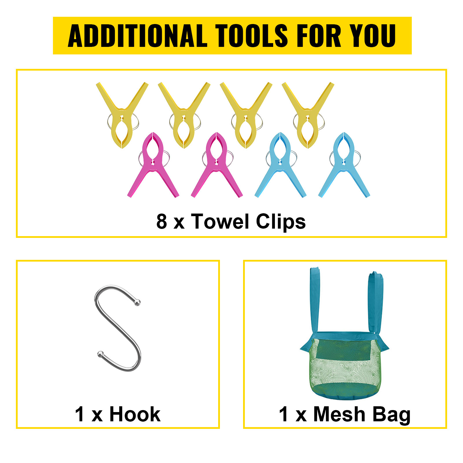 8 color towel clips, 1 hook, and 1 mesh bag for VEVOR pool towel rack. yellow "additional tools for you" header.