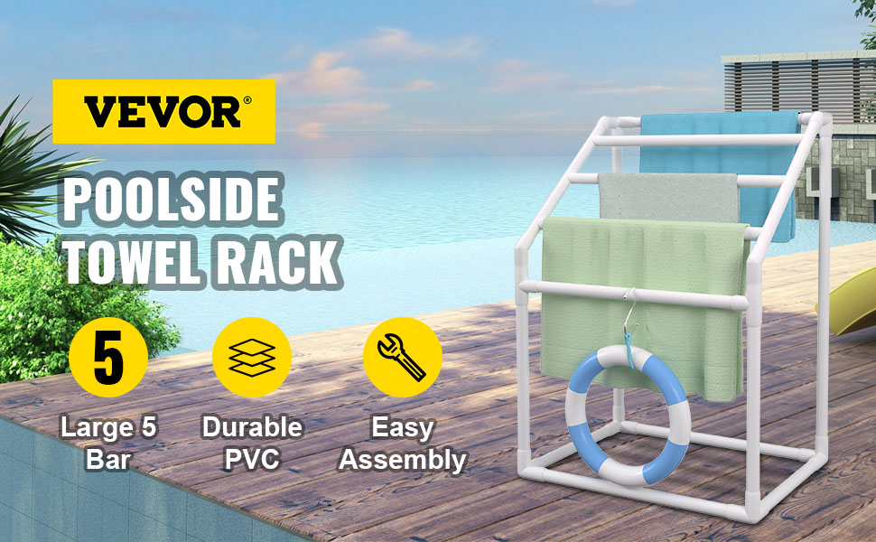 VEVOR pool towel rack by a pool with towels, durable pvc, and easy assembly icons in the foreground.
