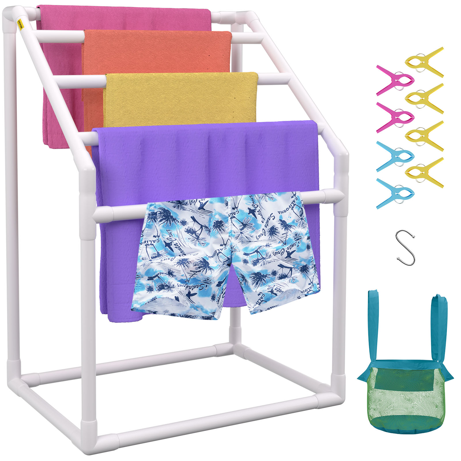 VEVOR pool towel rack with colorful towels, shorts, pool bag, hooks, and clothespins included.