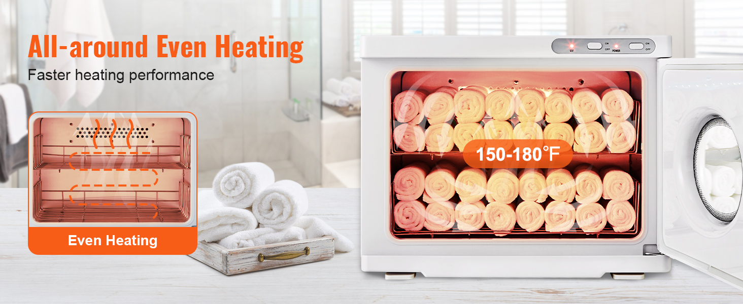 VEVOR karsto dvieļu sildītājs ar vienmērīgu sildīšanas veiktspēju un temperatūras diapazonu 150-180°f spa apstākļos.