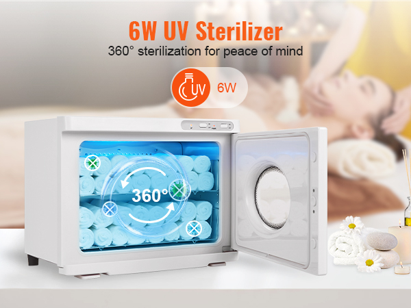 VEVOR karsto dvieļu sildītājs ar 6W uv sterilizatoru, kas nodrošina 360° sterilizāciju spa dvieļiem.