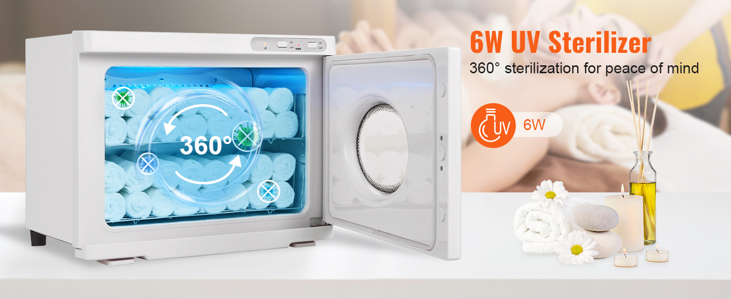 VEVOR karsto dvieļu sildītājs ar 6W uv sterilizatoru, kas nodrošina 360° sterilizāciju spa dvieļiem.