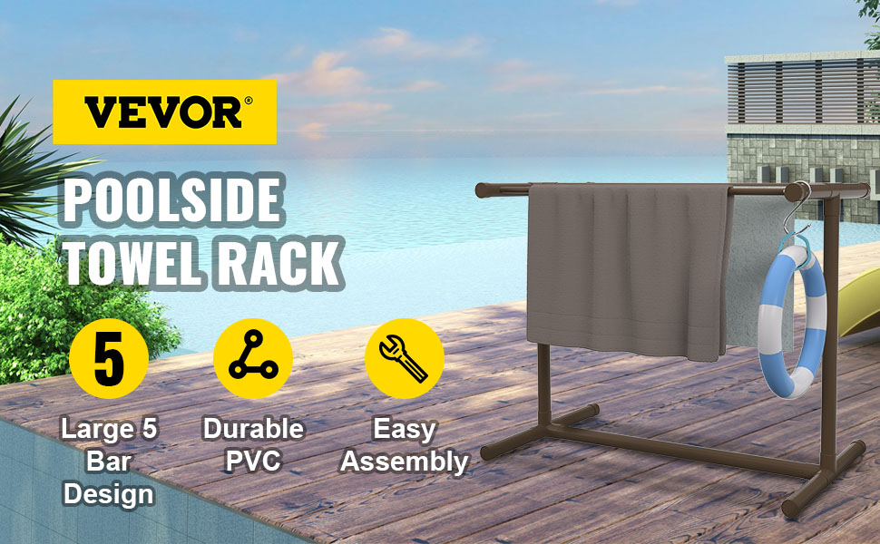 VEVOR pool towel rack by the poolside with towels, life ring, and assembly details.