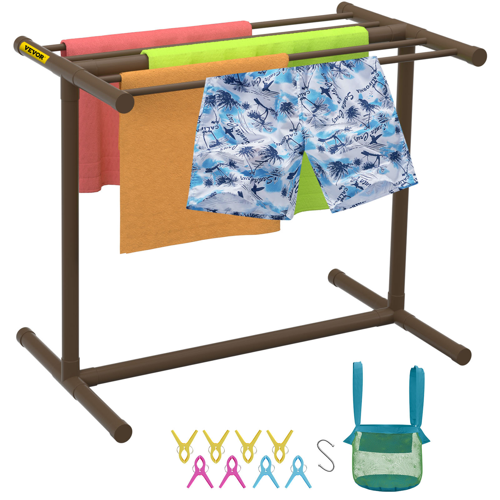 VEVOR pool towel rack with colorful towels, shorts, clips, and a storage bag.