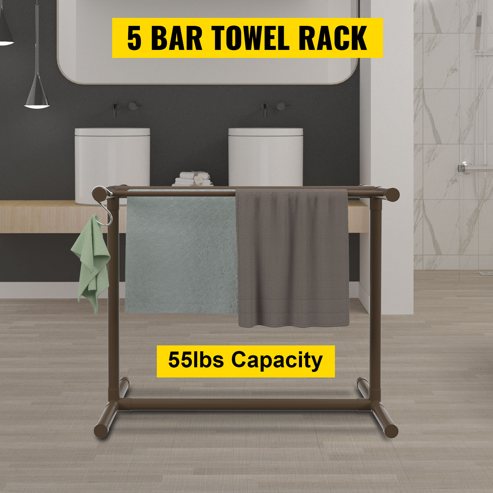 VEVOR pool towel rack with 5 bars in a modern bathroom, 55lbs capacity, holding multiple towels.