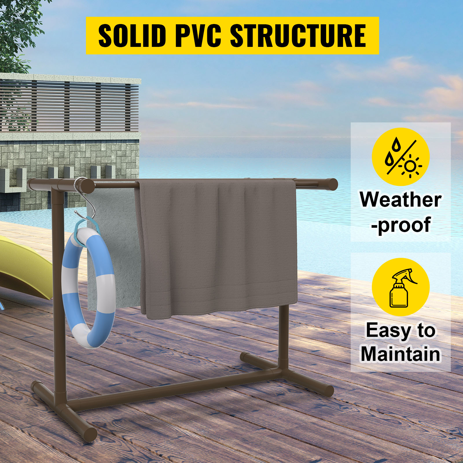 VEVOR pool towel rack by the poolside with weatherproof and easy to maintain labels.