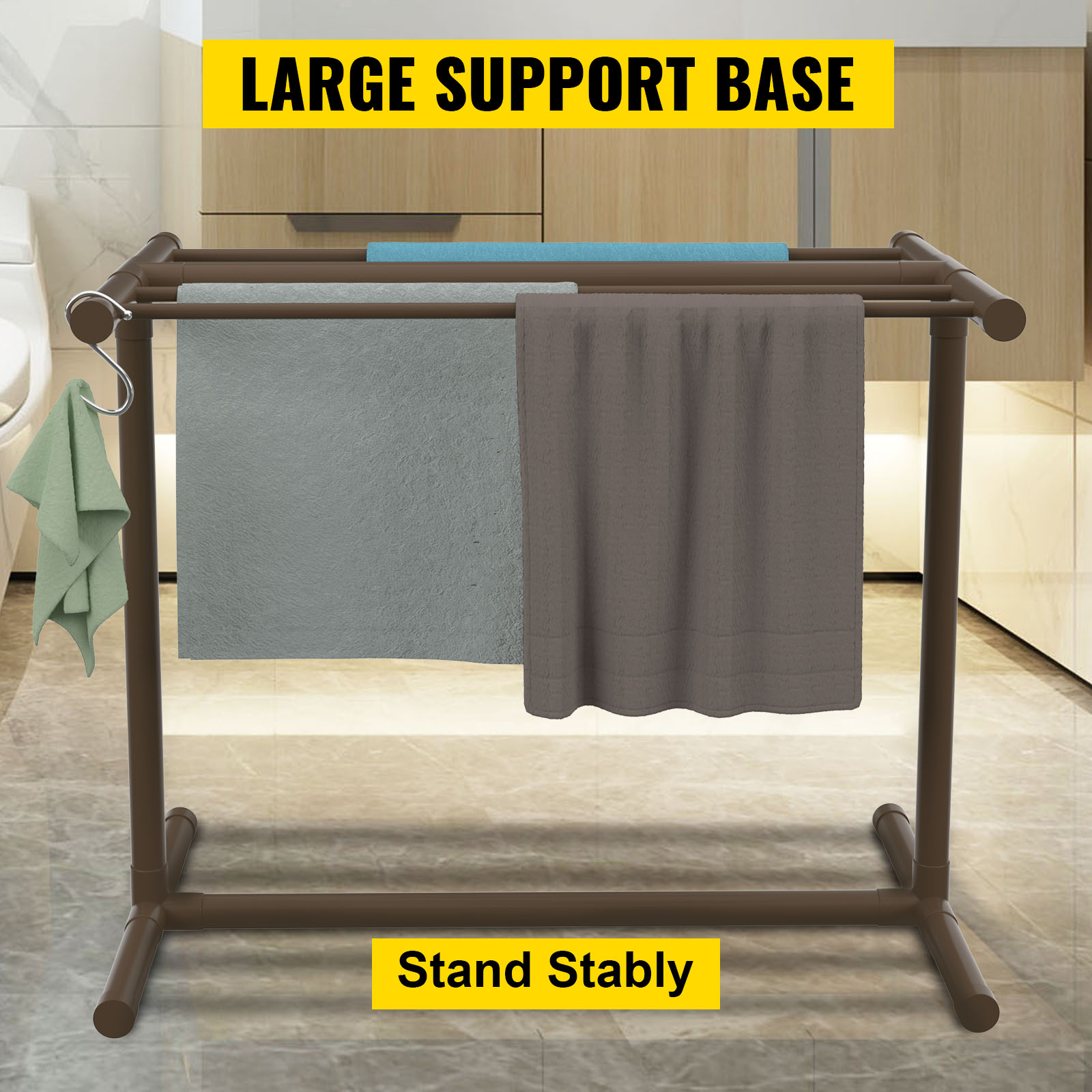 VEVOR pool towel rack with large support base and multiple towels hanging in a bathroom setting.
