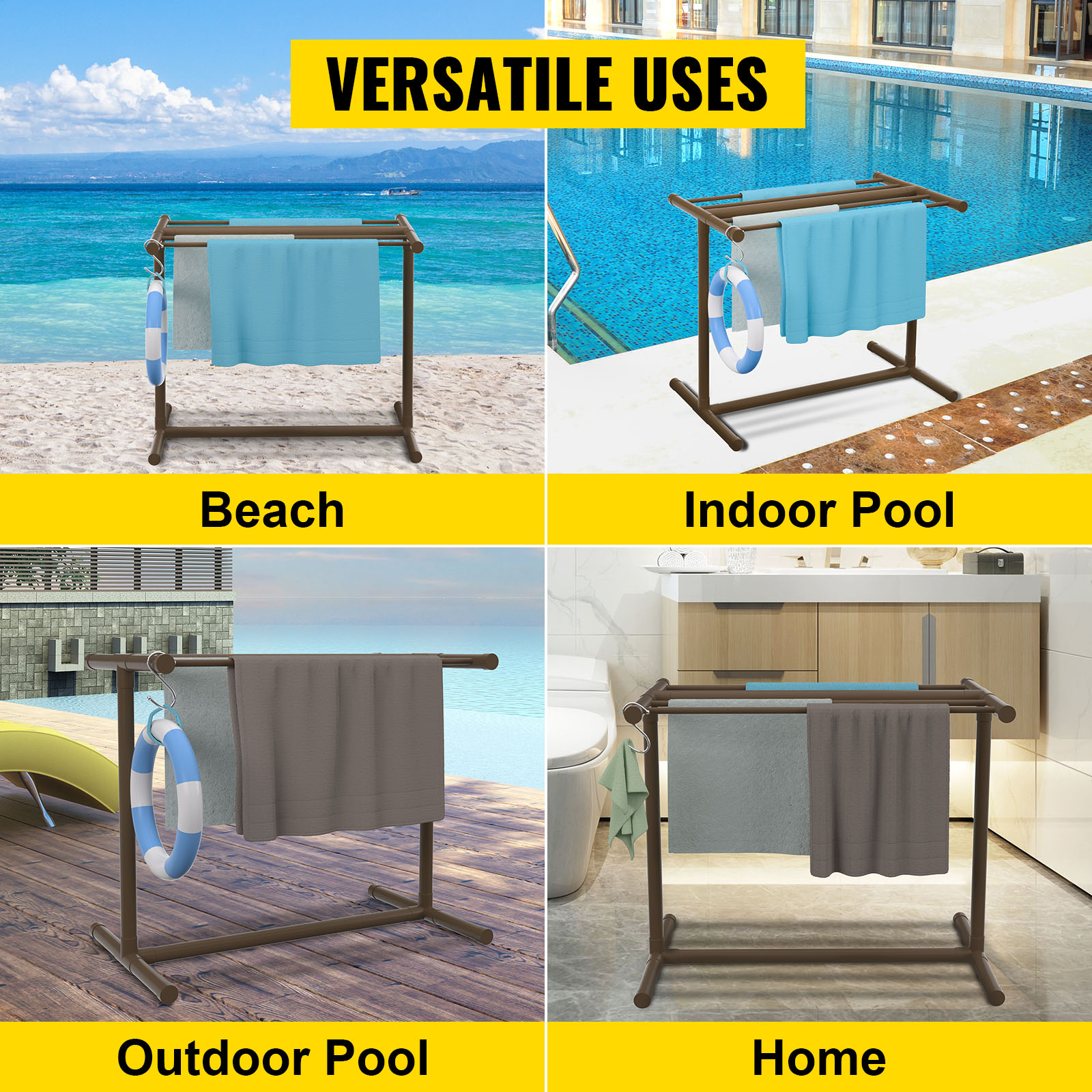 VEVOR pool towel rack for versatile use at the beach, indoor pool, outdoor pool, and home bathrooms.