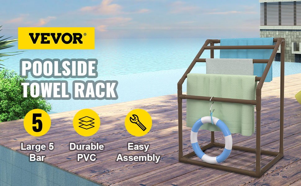 VEVOR pool towel rack by the poolside with towels, life buoy, and features like large 5 bars and durable pvc.