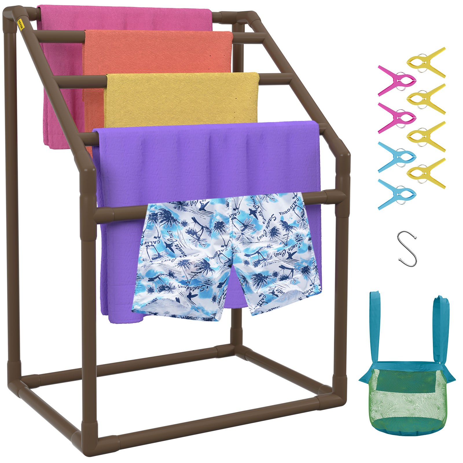 VEVOR pool towel rack with colorful towels, swim trunks, clips, hook, and mesh bag for poolside use.
