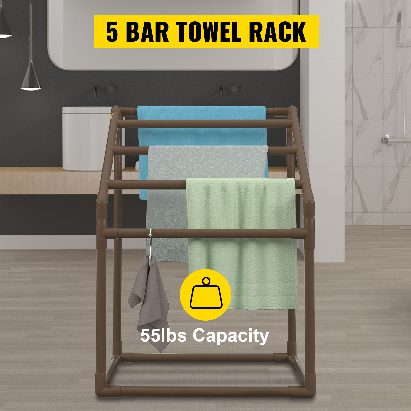 VEVOR pool towel rack with 5 bars, holding various towels in a bathroom, 55lbs capacity.