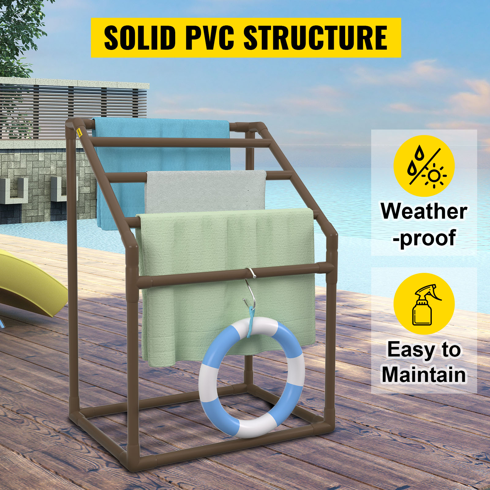 VEVOR pool towel rack with solid pvc structure by a poolside, showcasing towels and a life ring.