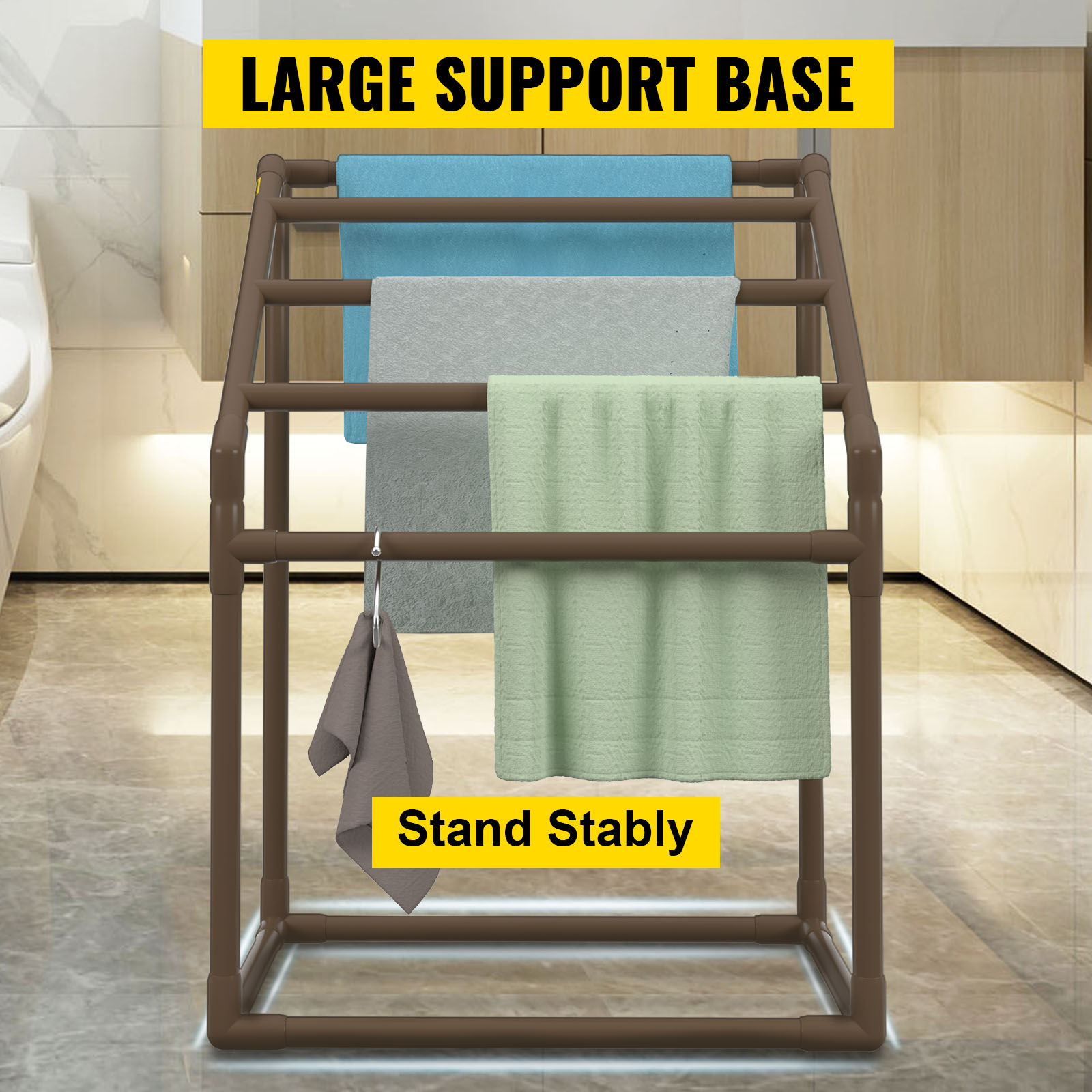 VEVOR pool towel rack with large support base, displaying multiple towels in a modern bathroom.