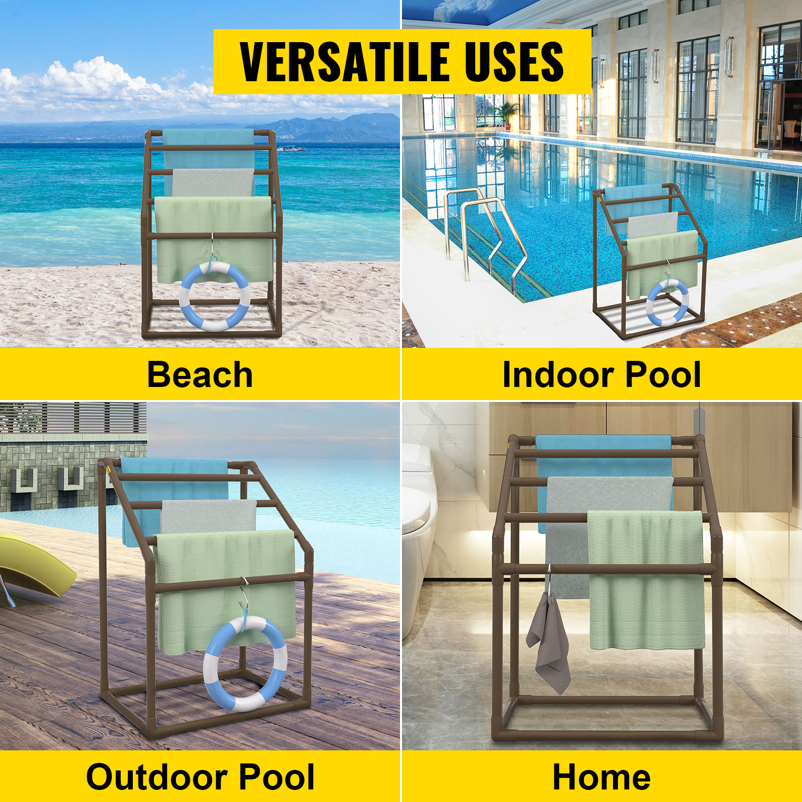 VEVOR pool towel rack at beach, indoor pool, outdoor pool, and home. versatile uses for drying towels.