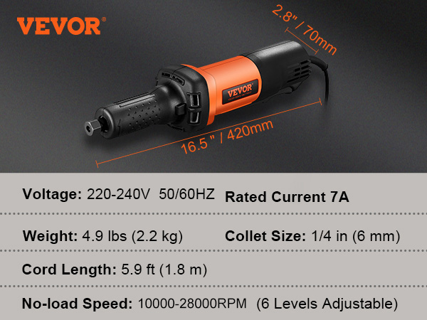 VEVOR die grinder with 7a current, 10000-28000 rpm speed, and 1/4 in collet size.