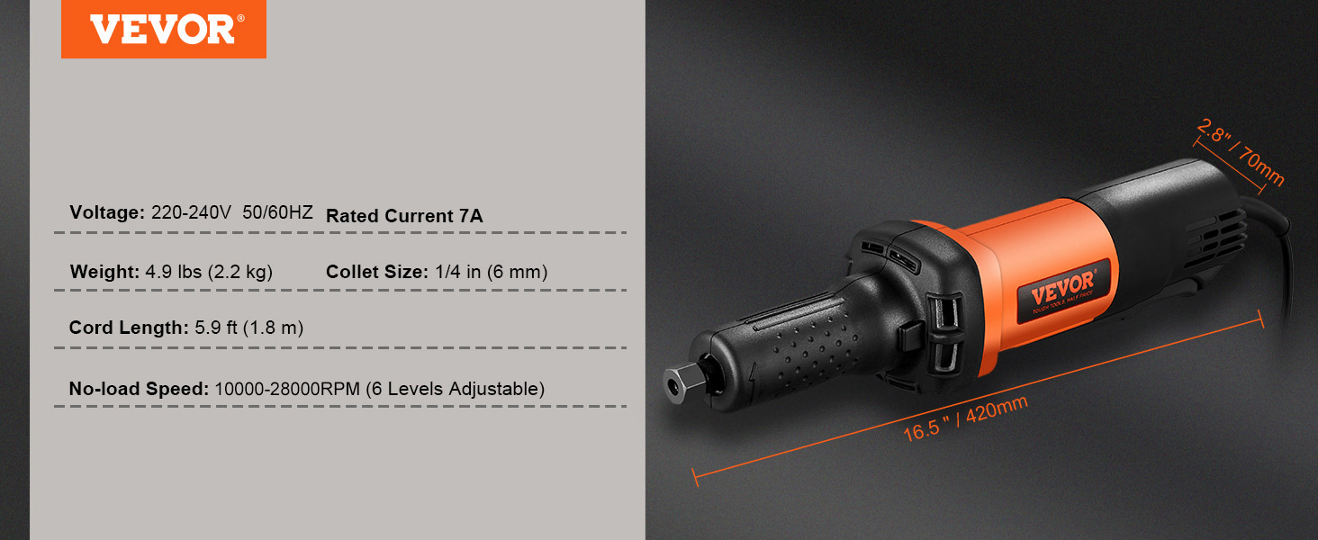 VEVOR die grinder with 7a current, 10000-28000 rpm speed, and 1/4 in collet size.