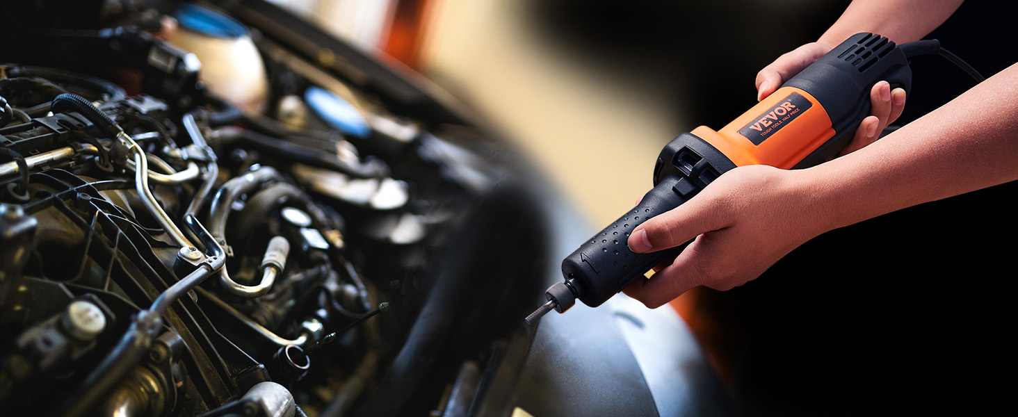 using a VEVOR die grinder near a car engine for precision work.