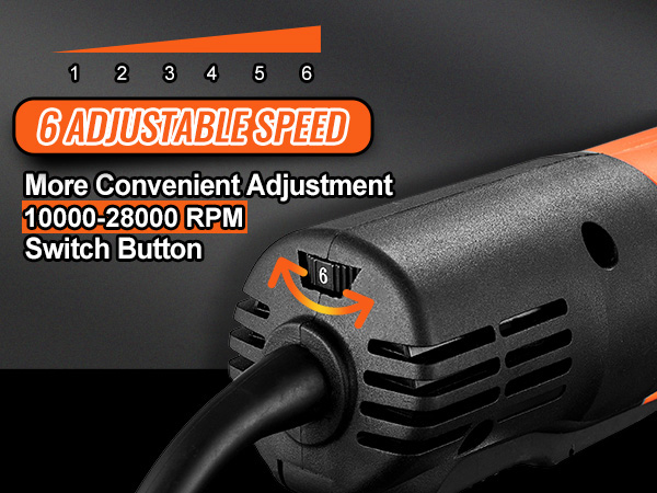 VEVOR die grinder with 6 adjustable speeds, switch button, and 10000-28000rpm for convenient adjustment.