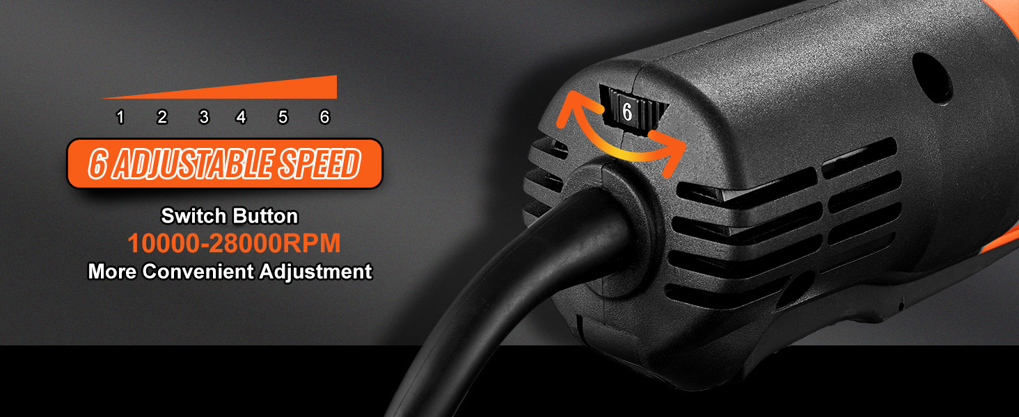 VEVOR die grinder with 6 adjustable speeds, switch button, and 10000-28000rpm for convenient adjustment.