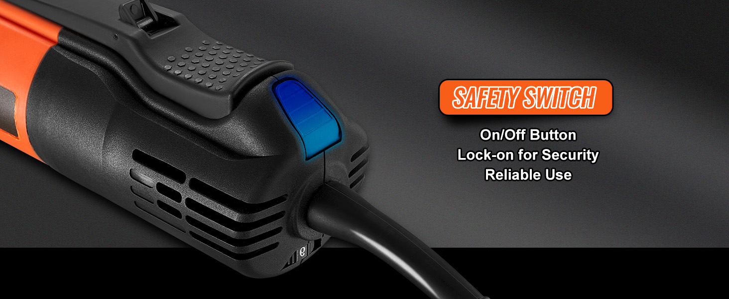 VEVOR die grinder with safety switch, lock-on feature, and a blue on/off button for reliable use.