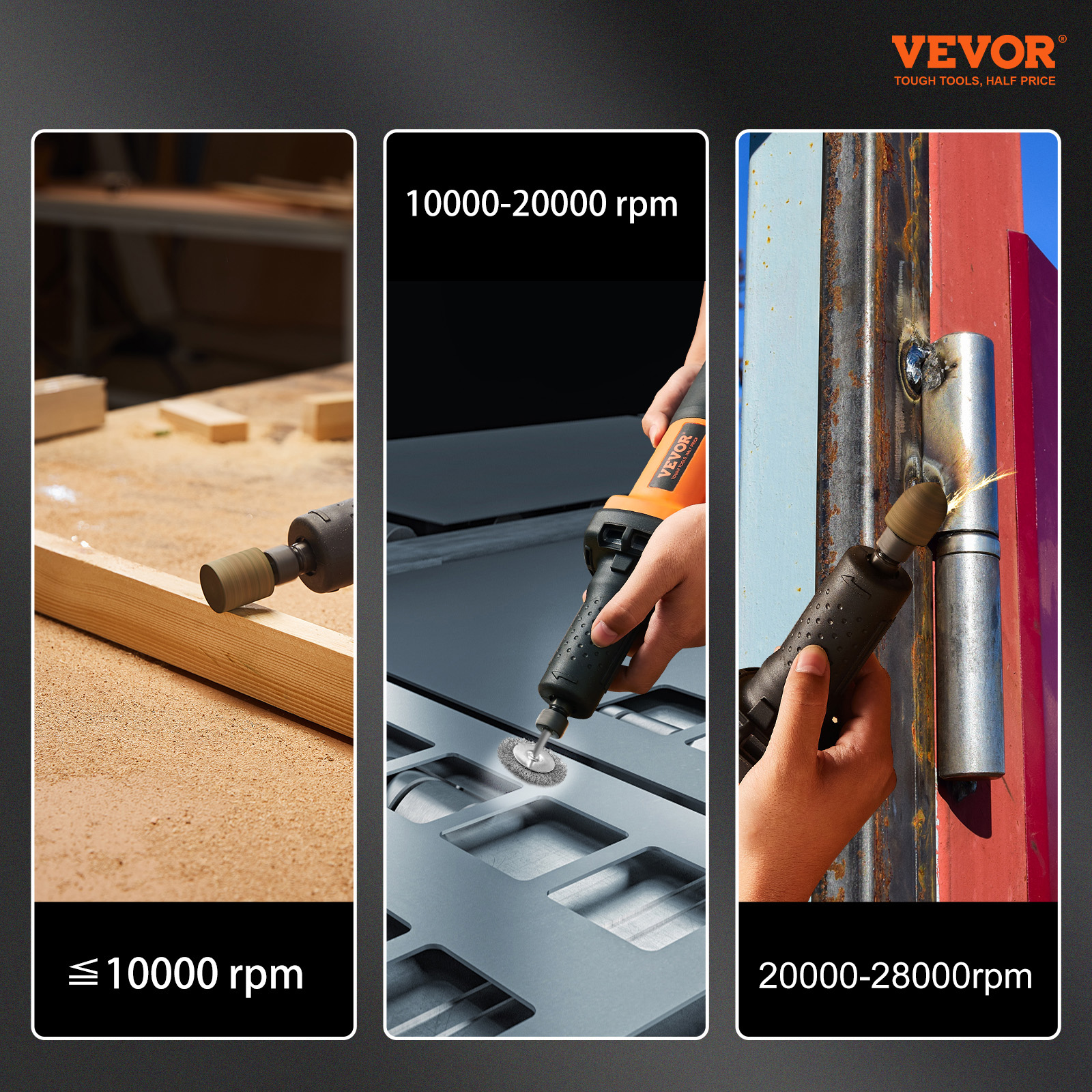 VEVOR die grinder: versatile tool with high-speed motor, convection cooling, six levels adjustable.