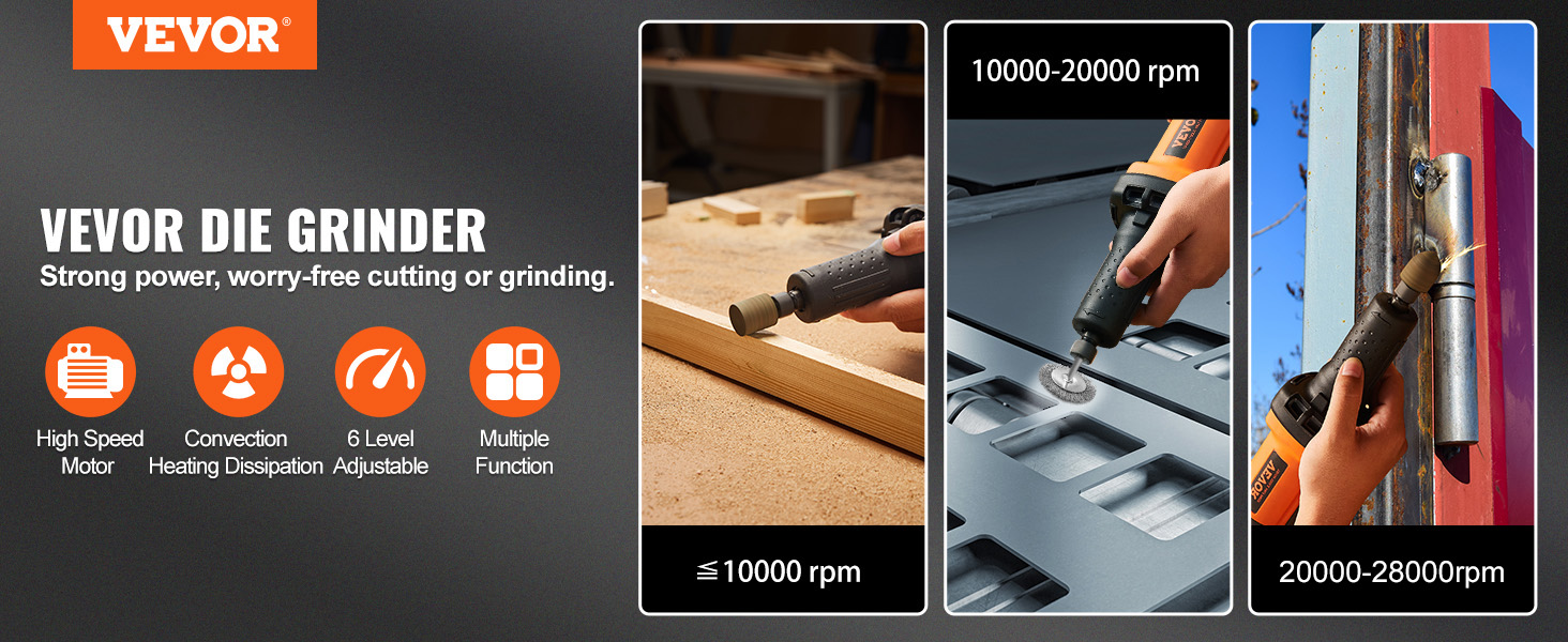 VEVOR die grinder: versatile tool with high-speed motor, convection cooling, six levels adjustable.