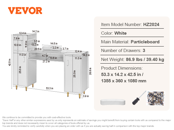 VEVOR manicure table with 3 drawers, wrist rest, screws, and screwdriver, white particleboard, model hz2024.