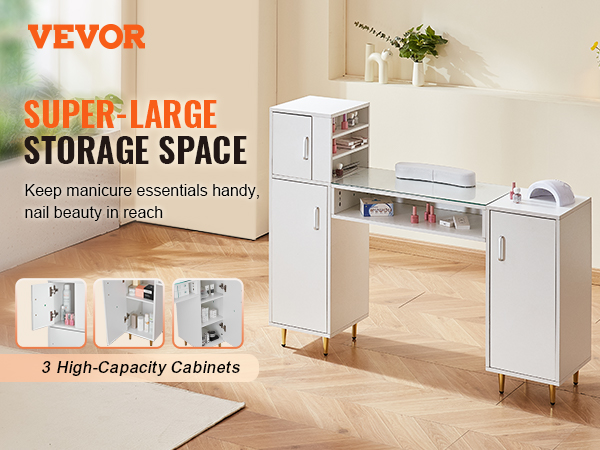 VEVOR manicure table with super-large storage space, 3 high-capacity cabinets for nail essentials.